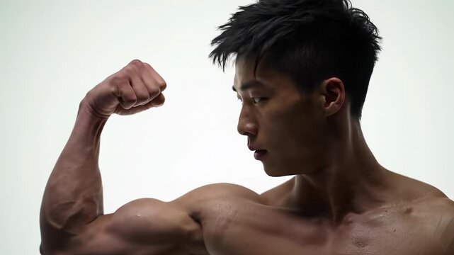 a dynamic medium close-up of a young, athletic asian man with sharp, dark hair, bare-chested, flexing his arm with bulging muscles and subtle sweat, on a pure white studio background. concept of