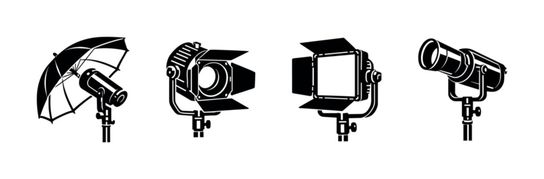 Studio lighting equipment vector icons set: spotlight, softbox, umbrella light