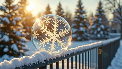 close snow globe railing covered snow snow globe center surrounded blanket snow background trees covered thick layer snow sun shining brightly creating warm glow sky pale blue trees silhouetted
