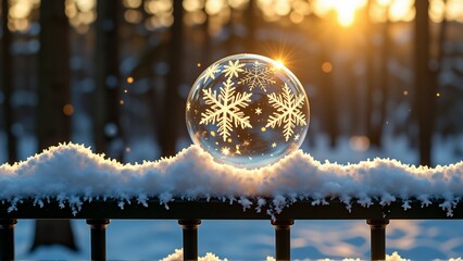 close snow globe railing covered snow snow globe center sun shining through creating warm glow background blurred appears snowy forest trees blue sky sun shining brightly casting golden glow over