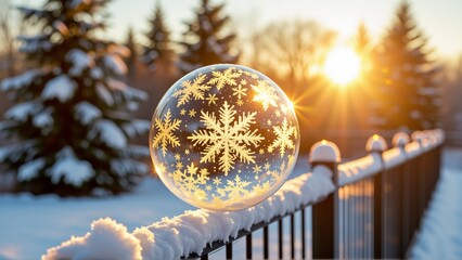 close snow globe hanging railing snow globe spherical has golden snowflake design background blurred appears snowy landscape trees building distance sun shining brightly top right corner creating
