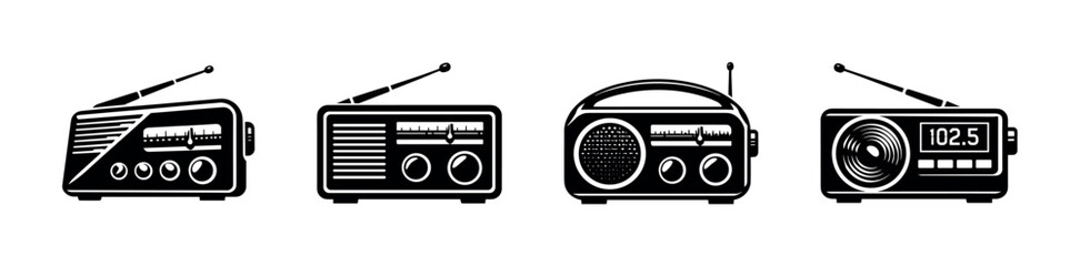Vintage radio vector icons set - retro, broadcast, antenna design elements