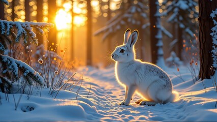 digital illustration white hare sitting snowy forest hare facing towards right side its ears perked its eyes looking towards horizon background filled tall trees covered snow sun shining through