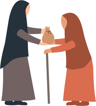 Muslim Woman Giving Charity to Elderly Grandmother Illustration