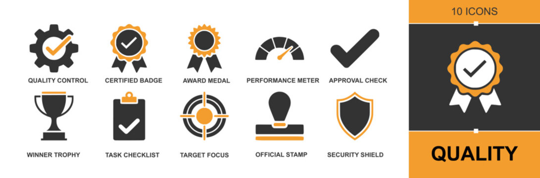 Quality icon set. Containing quality control, certified badge, award medal, performance meter, approval tick, task checklist, target focus, official stamp, security shield and more. Solid vector icons