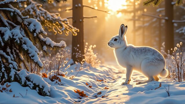digital illustration white hare standing snowy forest hare facing towards right side its ears perked its eyes focused something distance background filled tall pine trees covered snow sun shining