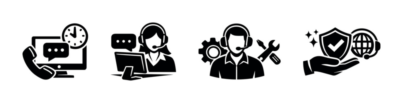 Customer support vector icons set with tools and communication symbols