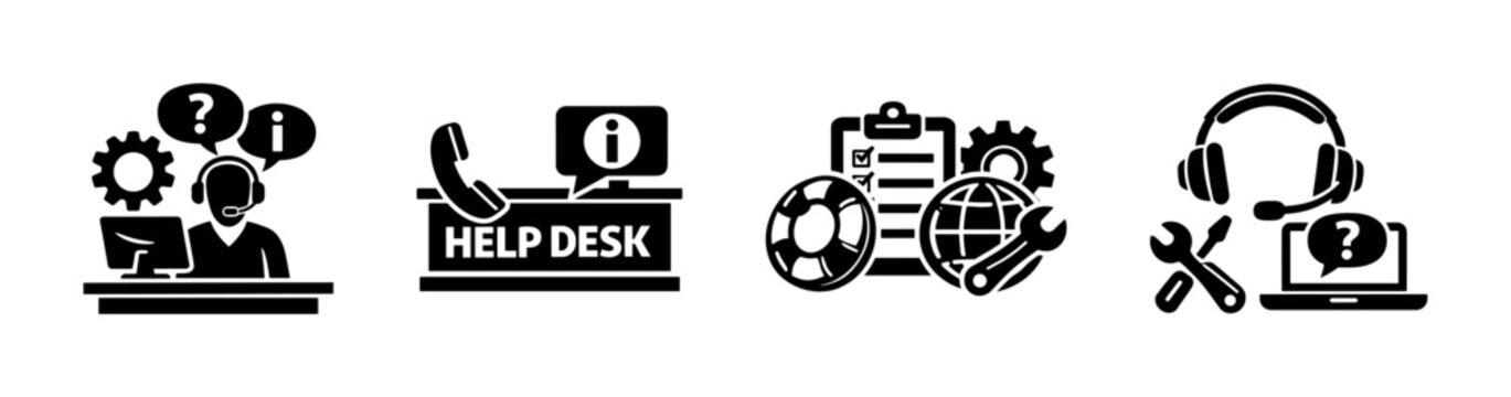 Customer support vector icons set: help desk, faq, tech assistance symbols