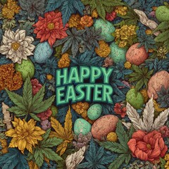 Easter card with cannabis leaves, buds, eggs and floral decor forming bold Happy Easter lettering