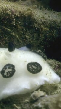 Observed close-up is a Jorunna parva sea slug, resembling a tiny white bunny, residing on the ocean floor, surrounded by rock formations. An underwater marvel!