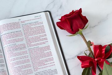 Holy bible book with red rose. Top view. Christian spiritual growth, new testament scripture study, biblical concept.