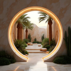 Circular archway entrance with palm trees in a modern desert courtyard