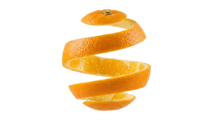 Floating Spiral Orange Peel Isolated on Transparent Background, Fresh Citrus Fruit
