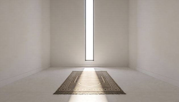 Minimalist prayer room with simple prayer rug and tall narrow window sunlight beam on white tiled floor serene spiritual meditation space clean modern interior