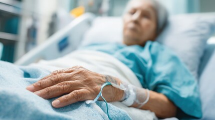 Elderly woman resting in hospital bed, wearing blue gown, with IV drip attached, showcasing healthcare environment and patient care experience in medical setting