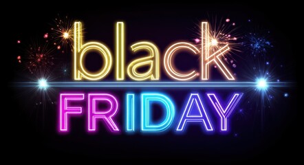 black and neon, colorful, glowing text "black friday" with fireworks on a dark background