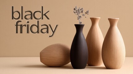 black friday banner with beautiful wooden vases on a light brown background