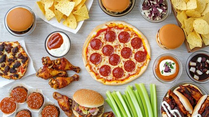 Delicious spread of game day food featuring pizza, wings, burgers, nachos, and celery sticks, perfect for a festive gathering during the big game celebration