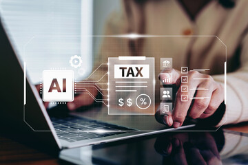 Woman hand pointing with digital tax document interface on tablet. AI technology assists financial data management compliance. Professional work office desk