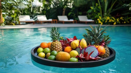 Vibrant assortment of tropical fruits including pineapple, dragon fruit, and citrus displayed on a round tray floating in a serene pool surrounded by lush greenery and lounge chairs