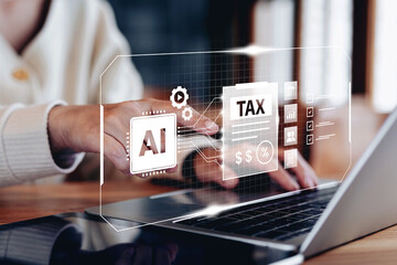 Woman hand pointing with digital tax document interface on tablet. AI technology assists financial data management compliance. Professional work office desk