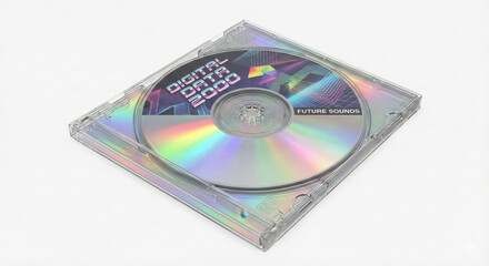 Retro compact disc jewel case, holographic music disc, digital data media, clear plastic packaging, colorful rainbow reflection, minimal white background, nostalgic technology vibe