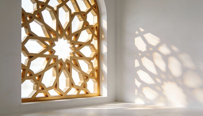 Golden geometric star lattice window with bright backlight and shadow pattern on white wall modern islamic inspired architectural detail background