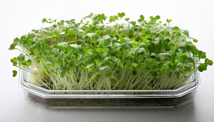 a profusion of microgreens displayed in a transparent container on a white backdrop spotlighting their vibrant freshness and nutritional value