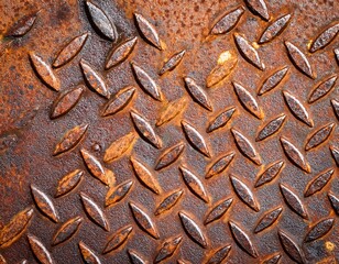 rusted steel diamond plate close up with textured raised pattern and warm patina showing wear and industrial character in detailed macro view
