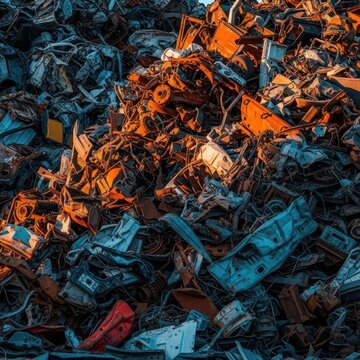 Massive, dense heaps of crumpled metal and oxidizing vehicle remnants piled high at a sprawling industrial scrap and salvage yard, economic, engine, rust