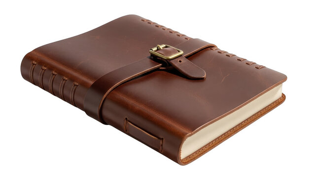 Brown leather journal with buckle closure isolated on transparent background