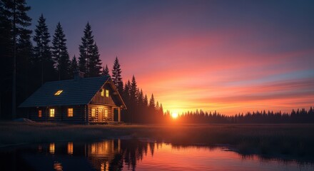 Fototapeta premium Rustic wooden lodge nestled beneath a vast, colorful sunset sky, emphasizing tranquility and wilderness retreat architecture and natural setting, architecture, serenity, peaceful
