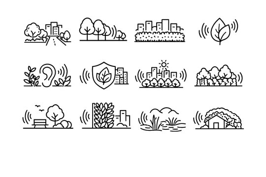 Greenery noise quiet sound relief green buffer barrier reduction vector icon urban