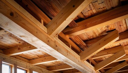 wood beam ceiling wooden truss roof structure interior architecture timber joinery perspective view warm lighting construction detail diagonal beam support column ceiling rafters carpentry wood