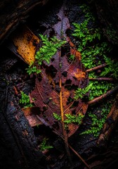 Dark, wet, rotting organic material creates a rich, textured natural background. Decomposition detail, forest, moisture, dark