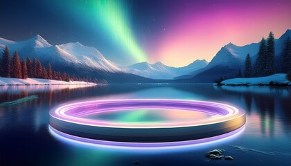 glowing circular light ring floats above tranquil lake reflecting pastel sky and northern lights surrounded by snow covered mountains evoking calm wonder