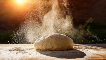 dynamic baking process captured with dough explosion in warm sunlight artisanal bread making with flour dust floating in backlight