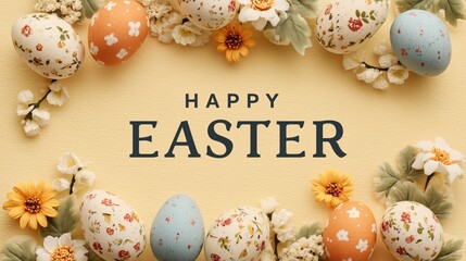 Happy Easter typography greeting card with colorful 3D eggs and spring flowers lay flat