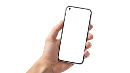 Hand holding smartphone isolated on transparent background
