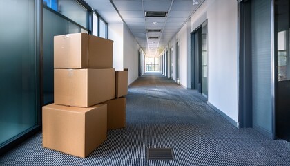 cardboard boxes are stacked in a modern office hallway during a business relocation or move