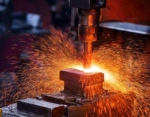 glowing orange metal piece is being forged under hydraulic press with sparks flying in blurred industrial background creating dynamic and intense atmosphere