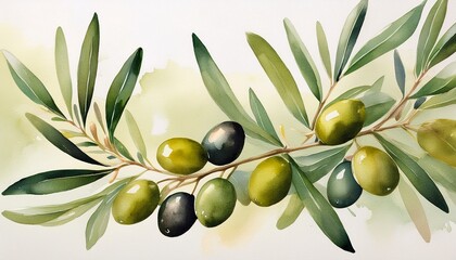 a delicate watercolor painting capturing the peaceful beauty of olive branches with soft green leaves and ripe olives