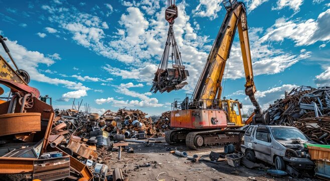 A large excavator lifts scrap metal, amidst a junkyard under a bright blue, cloud-filled sky