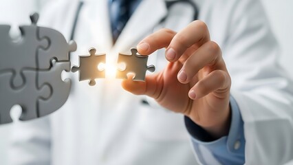 Doctors Hand Placing Final Puzzle Piece in Medical Solution.