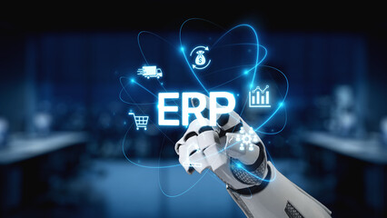 A robot hand highlights the ERP concept, surrounded by digital icons symbolizing business aspects like finance, analytics, and logistics in a modern workspace. Synapse