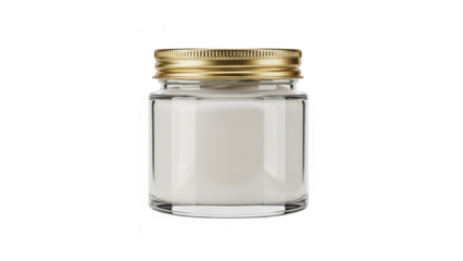 Clear glass jar with gold lid isolated on transparent background