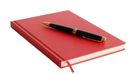 Red notebook with black pen isolated on transparent background