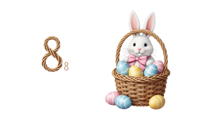 Easter bunny in a basket with colorful eggs and number eight