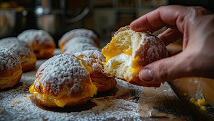 A hand breaking open a powdered sugar-dusted, creamy, custard-filled pastry