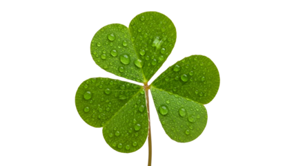 Close-up of a green four-leaf clover with dew drops on white background